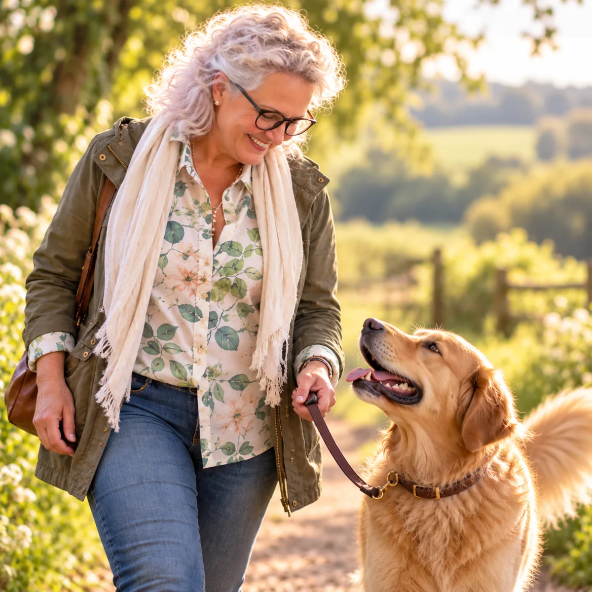 Your Purrfect Sitter walking a golden retriever along a country lane in Rutland, the two looking happily at one another