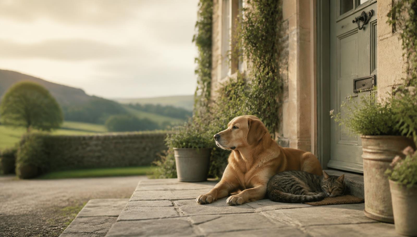A contented labrador and cat resting by the door of a Rutland stone cottage