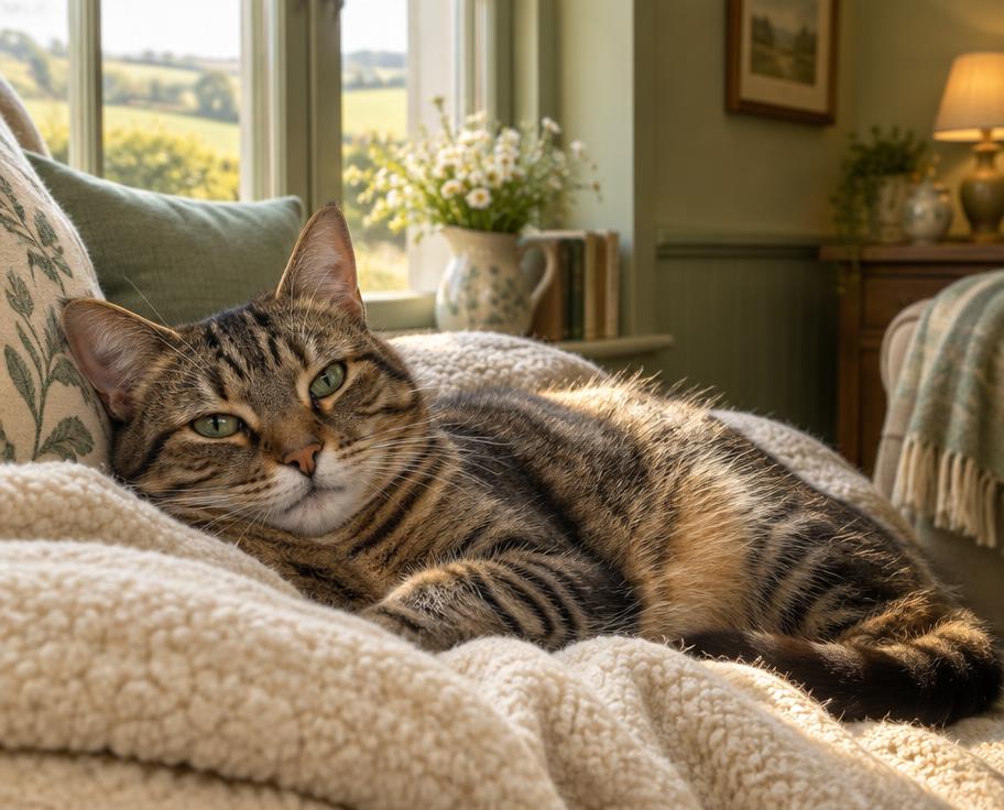 A contented tabby cat relaxing on a soft cream blanket in a sunny cottage window